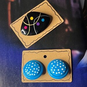 Colorful Brooch and Blue Polka Dot Clip Earrings Set